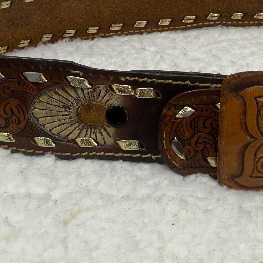 Vintage Hand Tooled Leather Belt Brown Southwestern Sunburst KING Ranch Wear M L - Picture 5 of 13